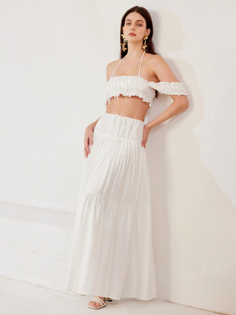 Boho Zweiteiler Set Off-Shoulder Crop Top und Lagen langer Rock Sommer Strand Outfit 2025