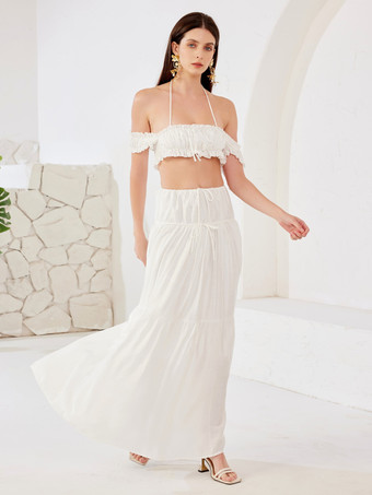 Boho Zweiteiler Set Off-Shoulder Crop Top und Lagen langer Rock Sommer Strand Outfit 2025