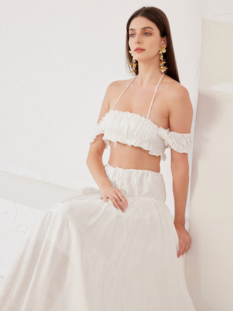 Boho Zweiteiler Set Off-Shoulder Crop Top und Lagen langer Rock Sommer Strand Outfit 2025