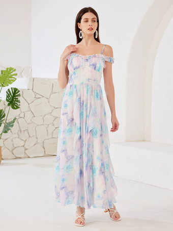 夢のような水彩画の花柄ドレス、パール装飾、コールドショルダー、夏用Aラインロングドレス、女性用 2026