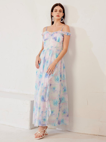 夢のような水彩画の花柄ドレス、パール装飾、コールドショルダー、夏用Aラインロングドレス、女性用 2026