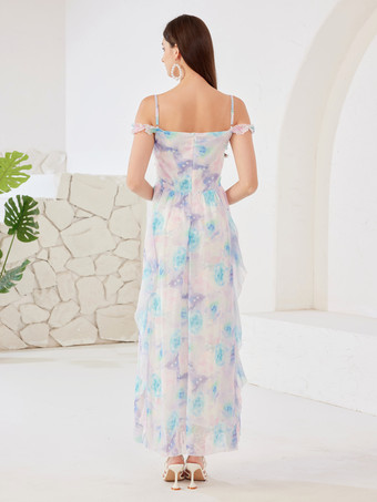 夢のような水彩画の花柄ドレス、パール装飾、コールドショルダー、夏用Aラインロングドレス、女性用 2026