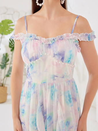 夢のような水彩画の花柄ドレス、パール装飾、コールドショルダー、夏用Aラインロングドレス、女性用 2026