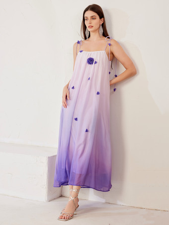 ライラックカラーパープルグラデーションシフトドレス 3Dフラワーサマービーチロングスリップドレスレディース2026