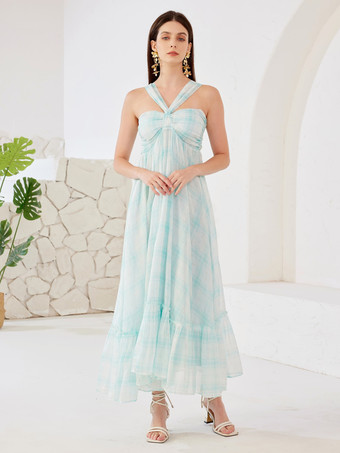 ブルー チェック柄 プリント ドレス ホルターネック サマー ビーチ ティアード Aライン マキシドレス レディース 2026