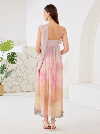 Langes Kleid mit Aquarelldruck und Schlitz ärmelloses Sommerkleid für Damen 2025