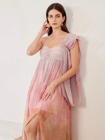 Langes Kleid mit Aquarelldruck und Schlitz ärmelloses Sommerkleid für Damen 2025