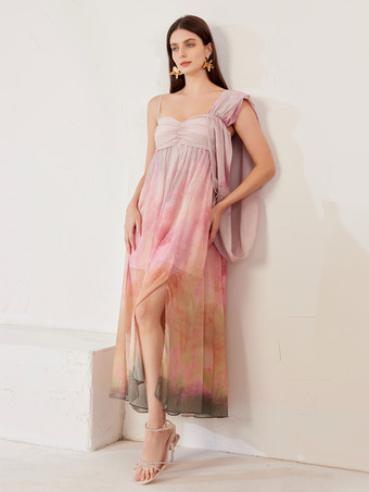 Langes Kleid mit Aquarelldruck und Schlitz ärmelloses Sommerkleid für Damen 2025