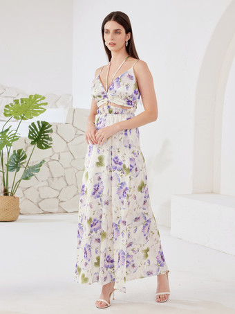 ラベンダーカラーカットアウトウエスト付きフローラルスリップドレス Vネック Aライン オープンバック サマービーチロングドレス レディース 2026