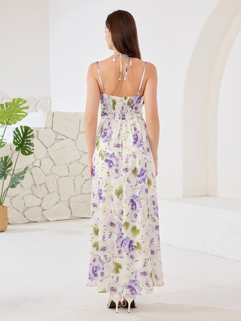 カットアウトウエスト付きフローラルスリップドレス Vネック Aライン オープンバック サマービーチロングドレス レディース 2026