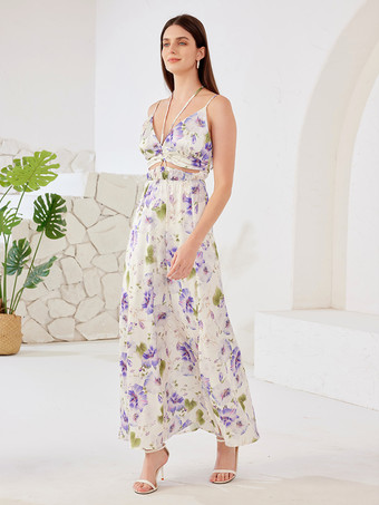 カットアウトウエスト付きフローラルスリップドレス Vネック Aライン オープンバック サマービーチロングドレス レディース 2026