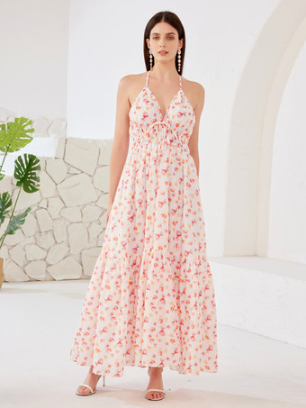 ピンク 花柄プリント サマードレス ホルター Vネック ハイウエスト オープンバック ビーチロングドレス レディース 2026