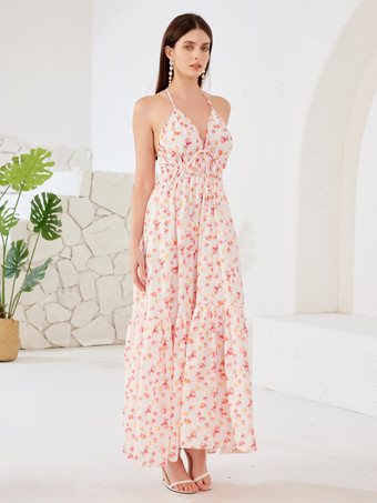 花柄プリント サマードレス ホルター Vネック ハイウエスト オープンバック ビーチロングドレス レディース 2026