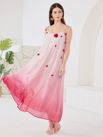 3Dフラワー付きピンクグラデーションシフトドレス サマービーチロングドレス レディース 2026