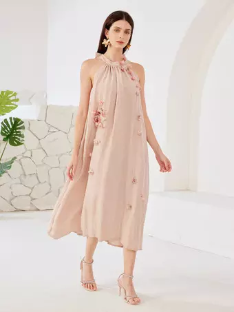 Halter Shift Dress With 3D Flowers Summer Beach Midi Dress For Women 2026 -  Milanoo.com