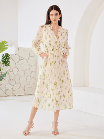 グリーンフローラルドレス Vネック ランタンスリーブ 夏 Aライン ミディドレス レディース 2026