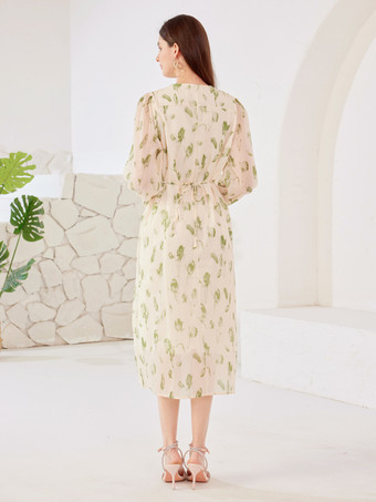 グリーンフローラルドレス Vネック ランタンスリーブ 夏 Aライン ミディドレス レディース 2026