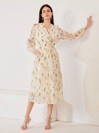 グリーン グリーンフローラルドレス Vネック ランタンスリーブ 夏 Aライン ミディドレス レディース 2026