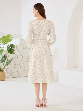 Blumenkleid quadratischer Ausschnitt lange Ärmel A-Linie Sommer-Midikleid für Frauen 2025