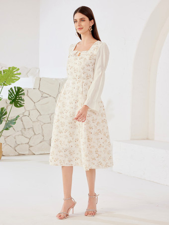Blumenkleid quadratischer Ausschnitt lange Ärmel A-Linie Sommer-Midikleid für Frauen 2025