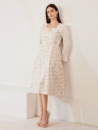 Blumenkleid quadratischer Ausschnitt lange Ärmel A-Linie Sommer-Midikleid für Frauen 2025