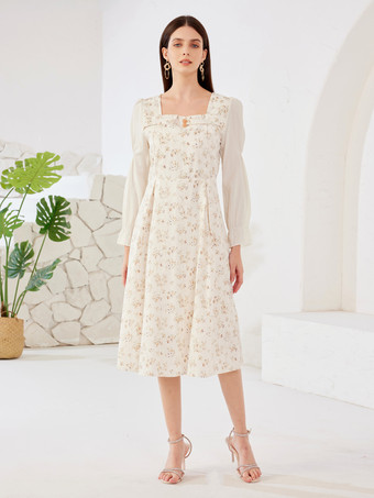 Blumenkleid quadratischer Ausschnitt lange Ärmel A-Linie Sommer-Midikleid für Frauen 2025