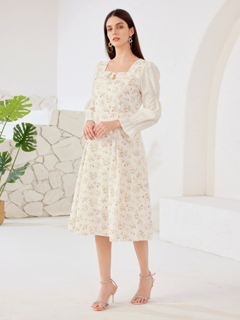 Aprikose  Blumenkleid quadratischer Ausschnitt lange Ärmel A-Linie Sommer-Midikleid für Frauen 2025