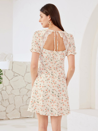 花柄ミニドレス スクエアネック パフスリーブ Aライン サマードレス レディース 2026