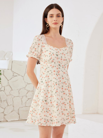 花柄ミニドレス スクエアネック パフスリーブ Aライン サマードレス レディース 2026