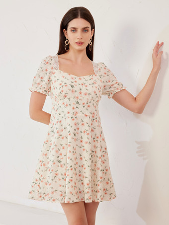 花柄ミニドレス スクエアネック パフスリーブ Aライン サマードレス レディース 2026