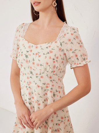 花柄ミニドレス スクエアネック パフスリーブ Aライン サマードレス レディース 2026