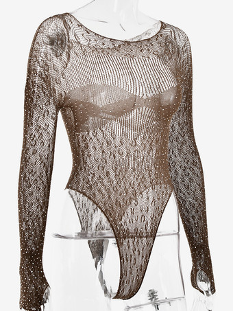 セクシーなシースルーイエローボディスーツ、ラインストーン付き、長袖、シアートップス、レディース 2026