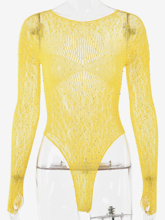 セクシーなシースルーイエローボディスーツ、ラインストーン付き、長袖、シアートップス、レディース 2026