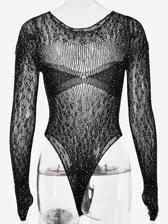 セクシーなシースルーイエローボディスーツ、ラインストーン付き、長袖、シアートップス、レディース 2026