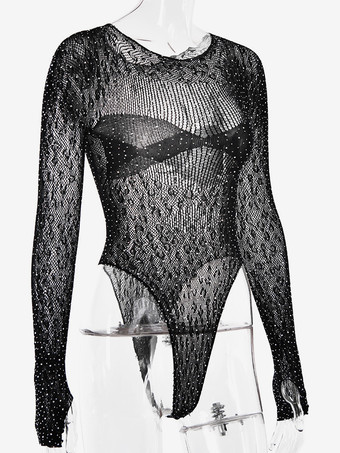 セクシーなシースルーイエローボディスーツ、ラインストーン付き、長袖、シアートップス、レディース 2026