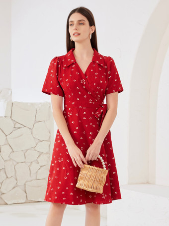 rojo Vestido cruzado con estampado de corazones en rojo escote en V manga corta vestido midi de verano para mujer 2025