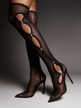 ブラック ブラックのセクシーなブーツ メッシュ ポインテッドトゥ カットアウト ラインストーン オーバーニーブーツ