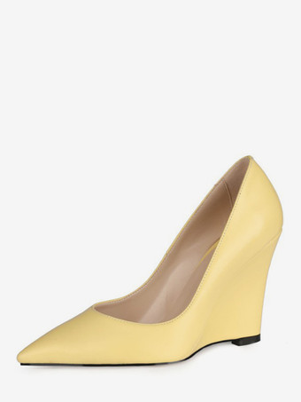 イエローウィメンズ ウェッジパンプス ポインテッドトゥ スリッポン ウェッジヒール