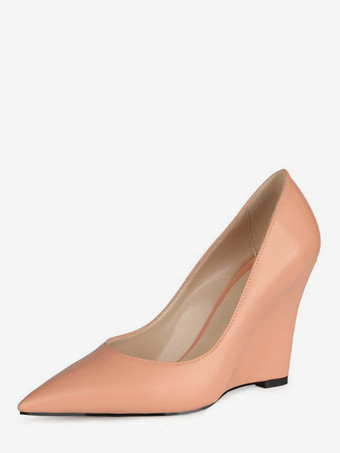 ピンクウィメンズ ウェッジパンプス ポインテッドトゥ スリッポン ウェッジヒール