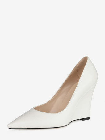 ホワイト ウィメンズ ウェッジパンプス ポインテッドトゥ スリッポン ウェッジヒール