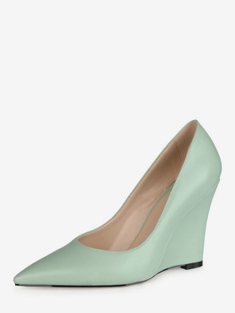 ライトグリーン ウィメンズ ウェッジパンプス ポインテッドトゥ スリッポン ウェッジヒール