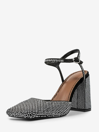 Black Women's Block Heels Square Toe Rhinestoness Slingback Party Shoes