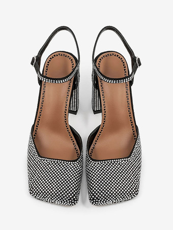 Women's Block Heels Square Toe Rhinestoness Slingback Party Shoes