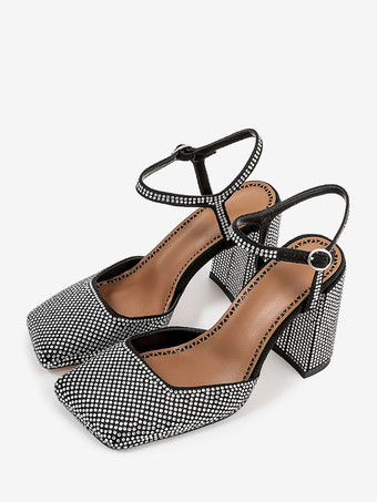 Women's Block Heels Square Toe Rhinestoness Slingback Party Shoes