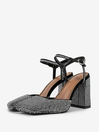 Women's Block Heels Square Toe Rhinestoness Slingback Party Shoes