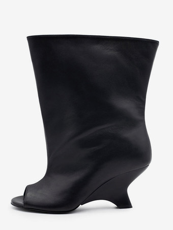 ブラック レディース アンクルブーツ ピープ TPE デザインヒール ブーティ