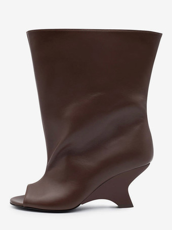 ディープブラウンレディース アンクルブーツ ピープ TPE デザインヒール ブーティ