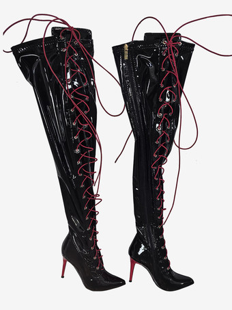 黒のセクシーなブーツ 太ももまでの高さの尖ったつま先 レースアップ オーバーニーブーツ