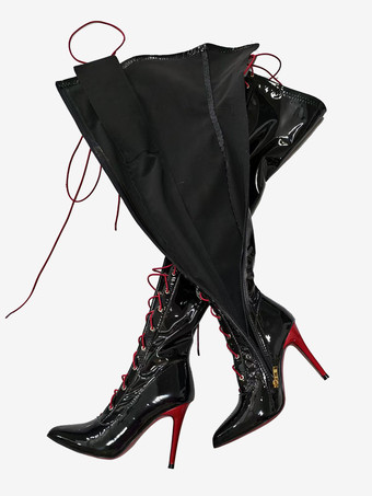 黒のセクシーなブーツ 太ももまでの高さの尖ったつま先 レースアップ オーバーニーブーツ