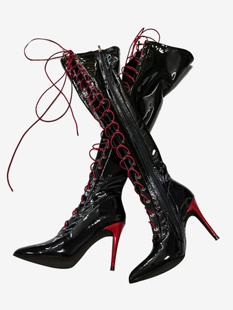 黒のセクシーなブーツ 太ももまでの高さの尖ったつま先 レースアップ オーバーニーブーツ